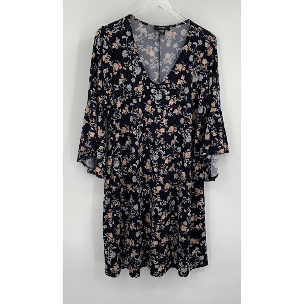Karen Kane floral jersey shift dress v-neck bell ruffle sleeves black a-line 2X